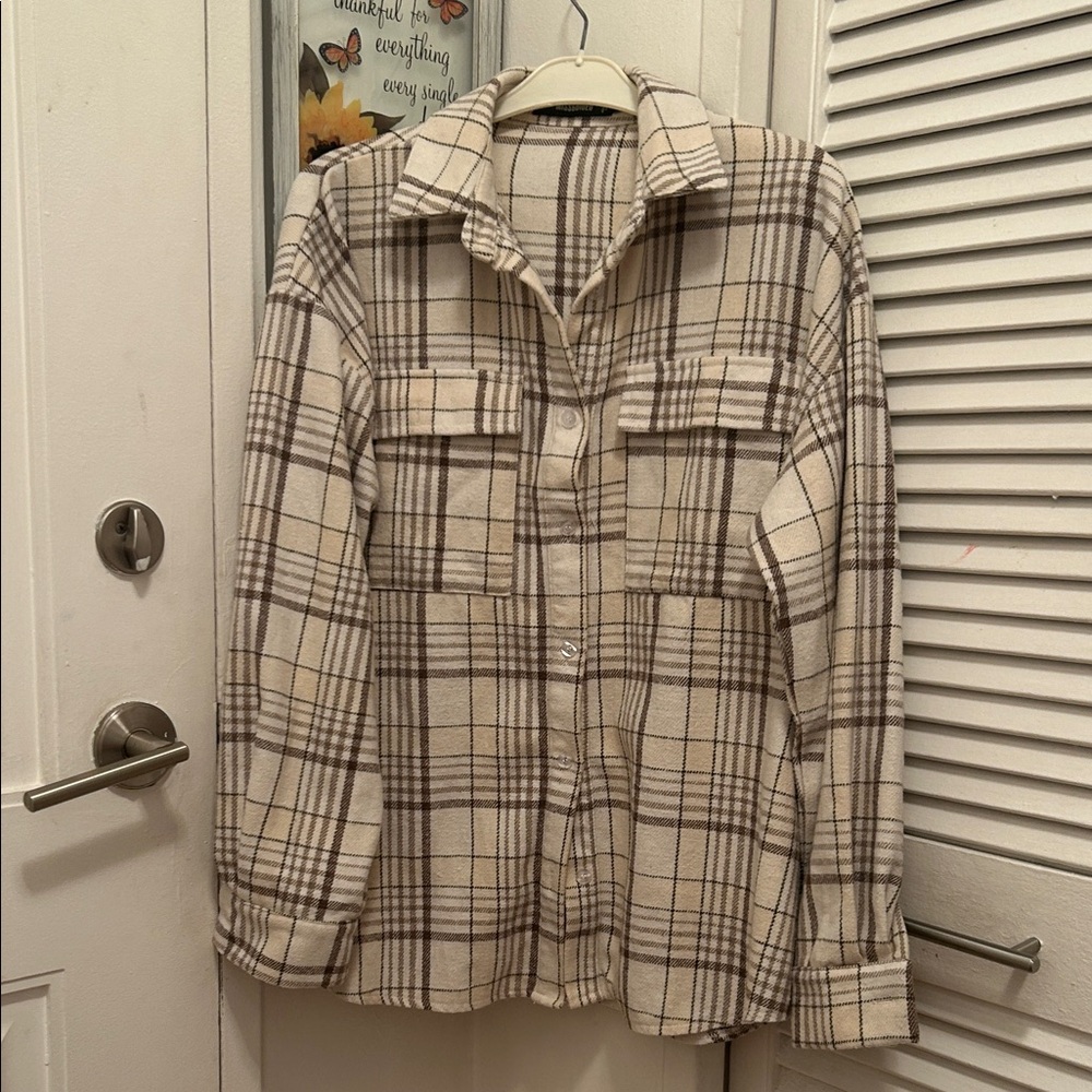 Missguided Cream and Brown Plaid Shirt